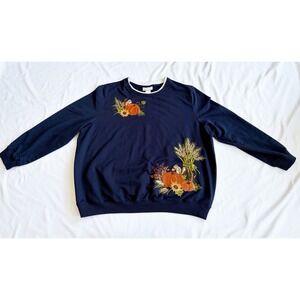 Alfred Dunner Woman 2X Navy Embroidered Fall Pumpkin Squirrel Wheat Sweatshirt
